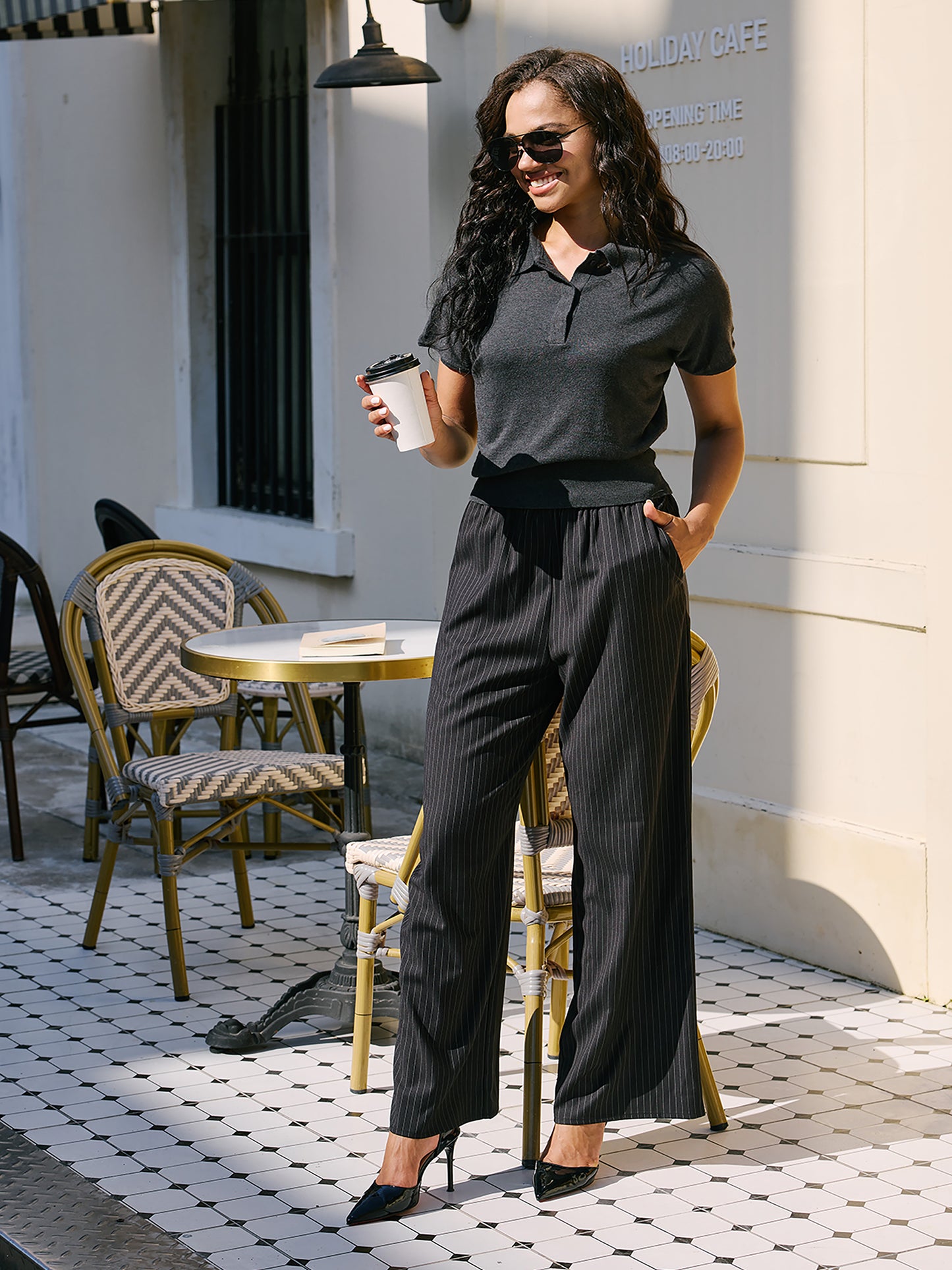 Tailored pull on pants in black stripe